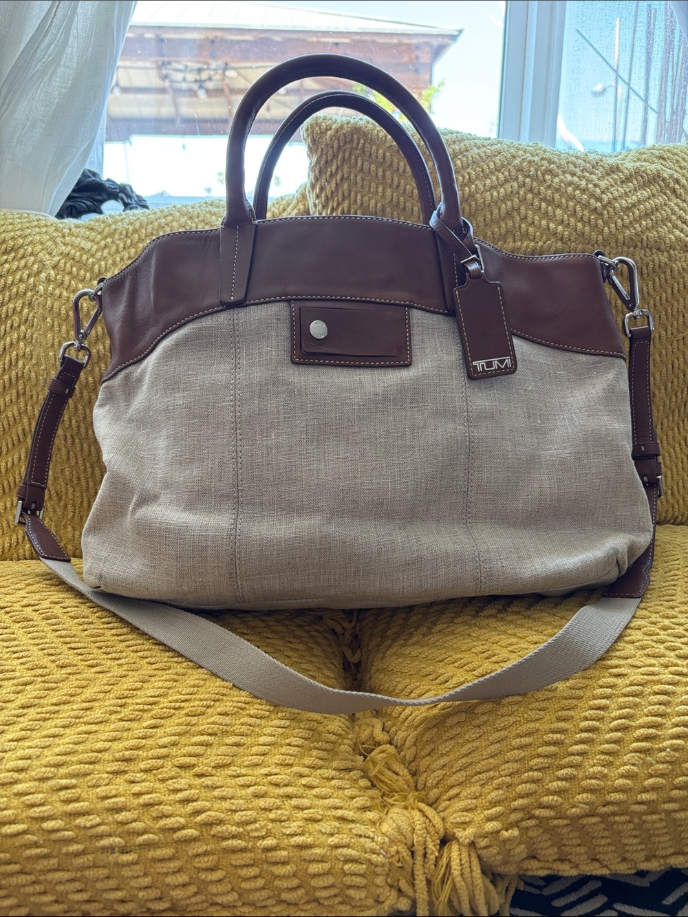 Tumi Beige Canvas and Brown Leather Duffel